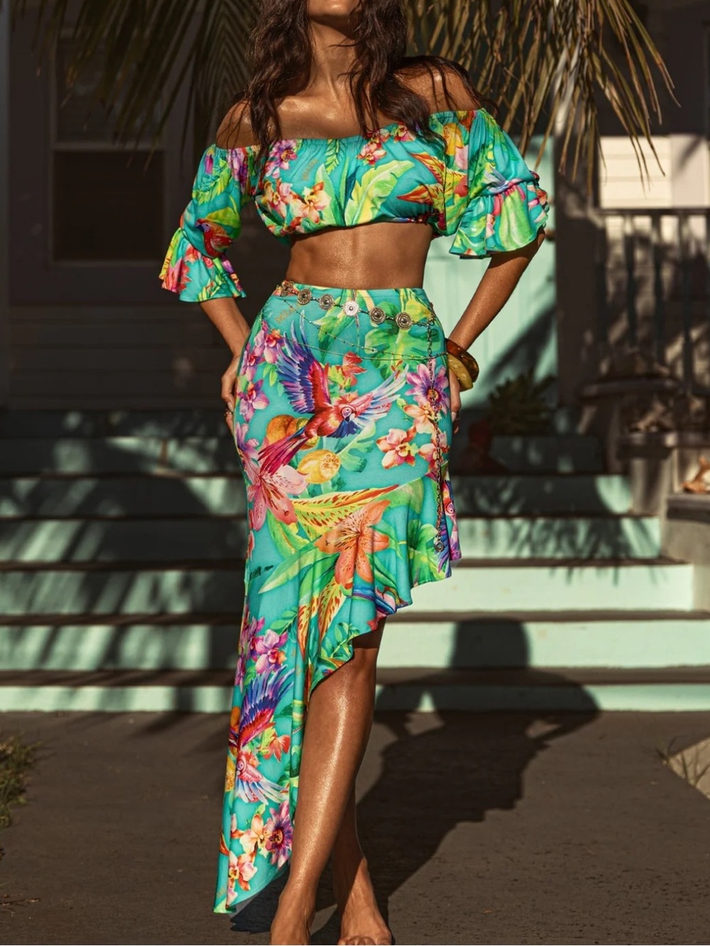 LULI FAMA Caribbean Fantasy Off The Shoulder Crop Top & Asymmetrical Midi Skirt